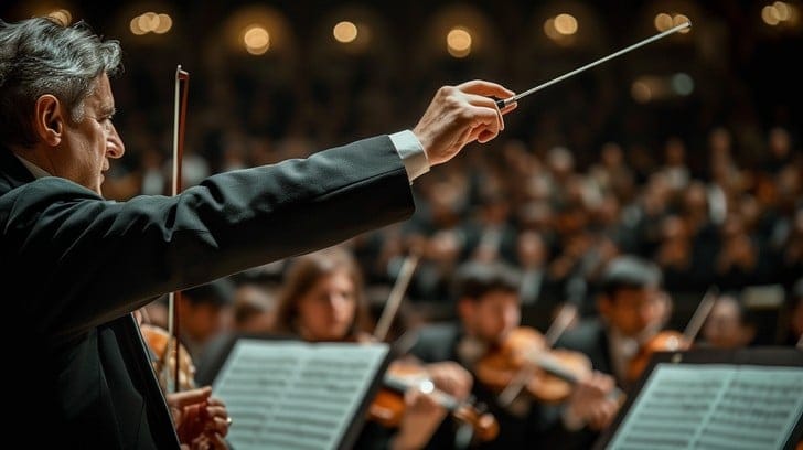 Conductor leads orchestra stockcake